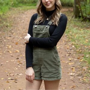 Green corduroy overall shorts